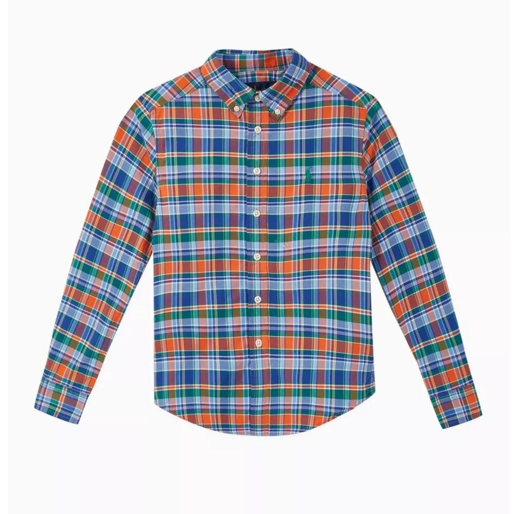 NWT Ralph Lauren Boys Plaid Performance Poplin Oxford Shirt Size 5 Orange Navy